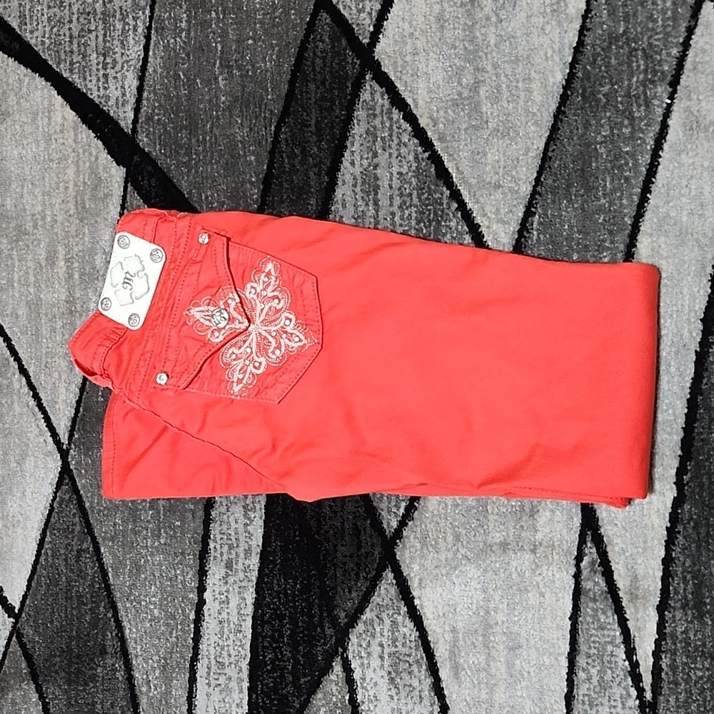 MISS ME EMBROIDERED RHINESTONES SILVER STITCH CARROT RED SKINNY DENIM JEAN